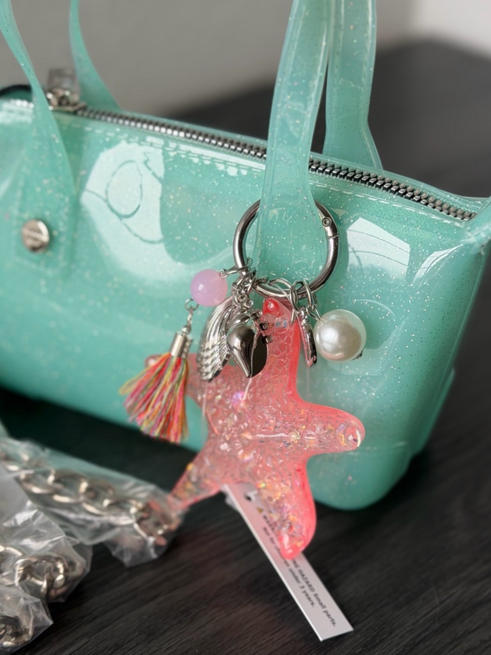Madden girl Jelly mini Tote Bag star fish pear sea shell glitter crossbody mint - Picture 2 of 5